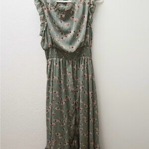 Lulus Wild Whims Sage Green Floral Mock Neck Smocked Midi Dress